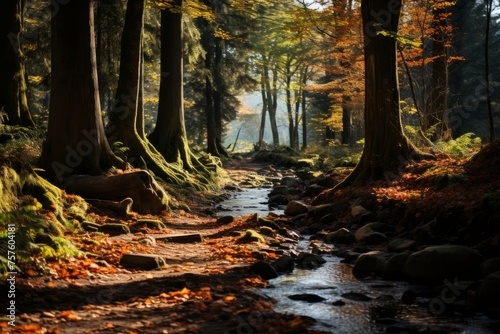 A stream flows through the woodland, creating a serene natural landscape © Yuchen