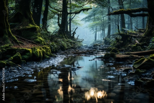 a stream running through a dark forest with trees covered in moss