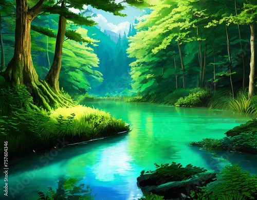 Illustration of a forest with a river and lush trees