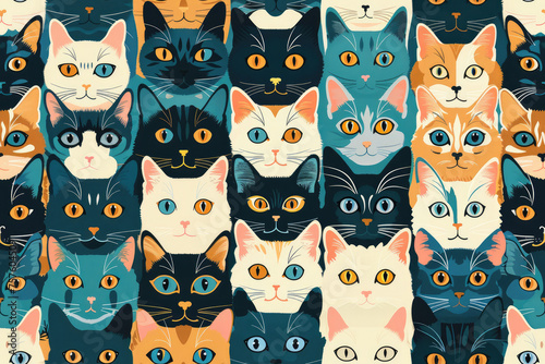 Seamless pattern background, repeating, can be used for the kids wallpaper or the wrapping paper. Lots of different cats illustrations in green, blue, orange, black, white