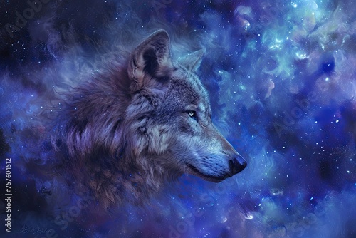 Illustration of a wolf in the space with stars and galaxies. Surreal blend of a wolf and a starry night sky, symbolizing the wild spirit and connection to the cosmos. The deep blues and purples. 