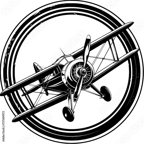 Black and white emblem featuring a vintage biplane encircled by bold lines, symbolizing a historical flight club with an art deco-inspired, aerodynamic, and classic design.