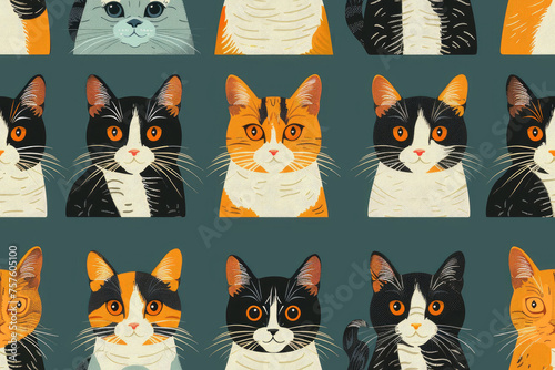 Seamless pattern, repeating, can be used for the kids wallpaper or the wrapping paper. Lots of different cats illustrations on the green background