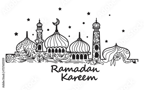 Hand drawn decorative mosque background illustration for Ramadan fasting in islam