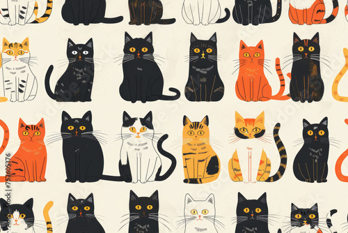 Seamless pattern, repeating, can be used for the kids wallpaper or the wrapping paper. Lots of different cats illustrations on the white background