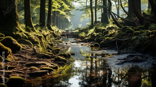 A water flow among trees in a forest  showcasing natures beauty
