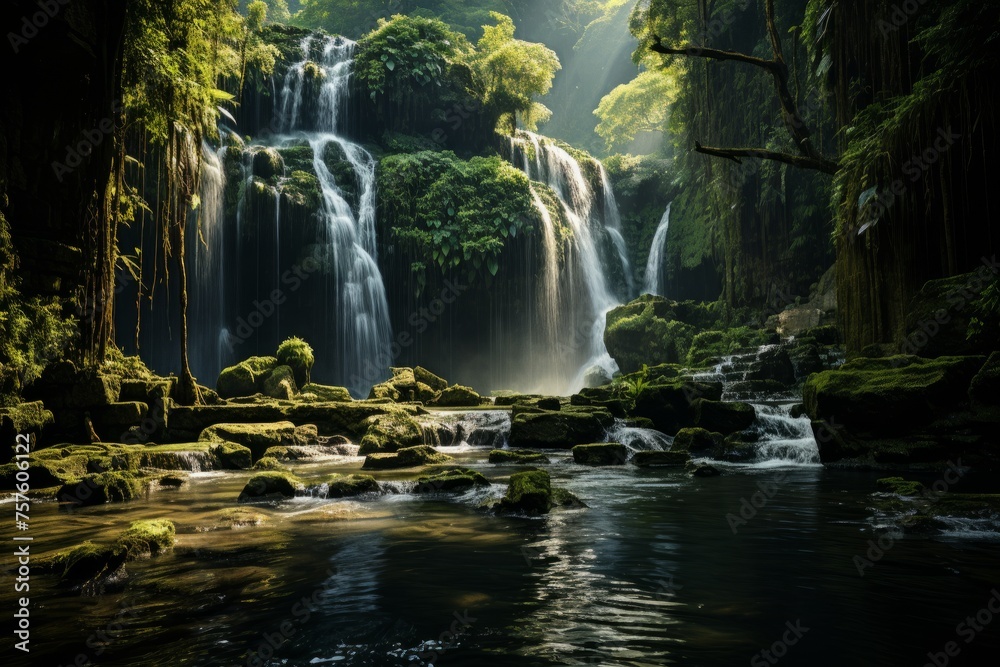 Waterfall in forest with river running through, showcasing natural landscape