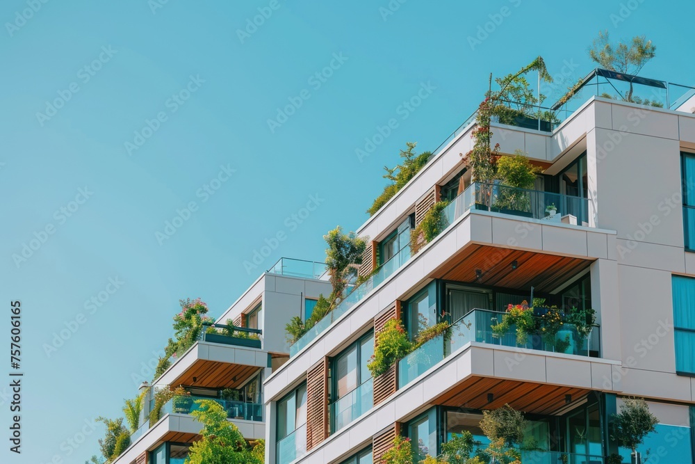 Stock image capturing the essence of urban renewal modern apartments with green spaces and communal areas clear blue sky