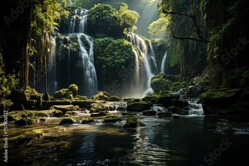 Waterfall in forest with river running through  showcasing natural landscape