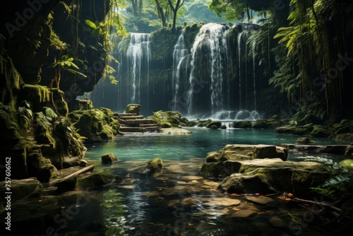 A beautiful waterfall in a lush green forest  surrounded by rocks and trees