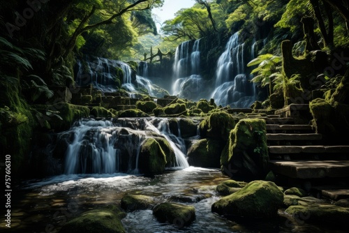 Waterfall surrounded by lush forest  with stairs leading to it