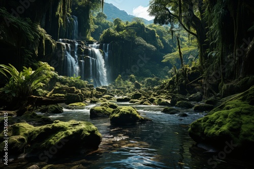 A waterfall cascades in a green forest with a river flowing through