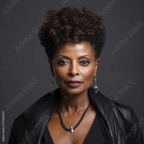 Studio shot of a Beautiful mature black woman looking at the camera on gray background, a haircut in style Updo