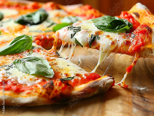 A freshly baked Margherita pizza on a wooden pizza peel or stone, with vibrant red tomato sauce, melted mozzarella cheese stretching as it's pulled from the slice, and fresh basil leaves scattered on 