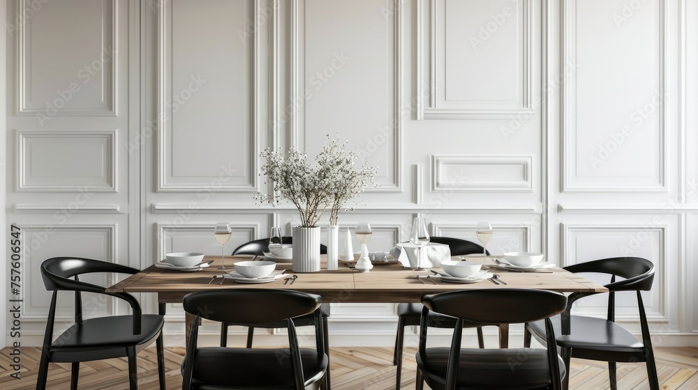 Interior design of modern white dining room. Black chairs and wooden dining table against of classic white paneling wall. clean dining room Interior design of modern white dining room. Black chairs and wooden dining table against of classic white paneling wall. clean dining room