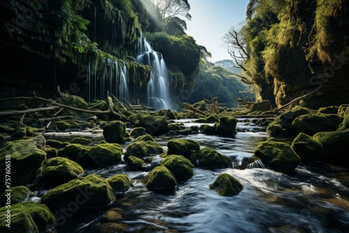 Watercourse flowing through a lush forest with a distant waterfall
