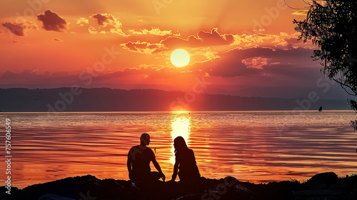 A silhouette of a loving couple against the backdrop of a fiery sunset, radiating warmth and romance.