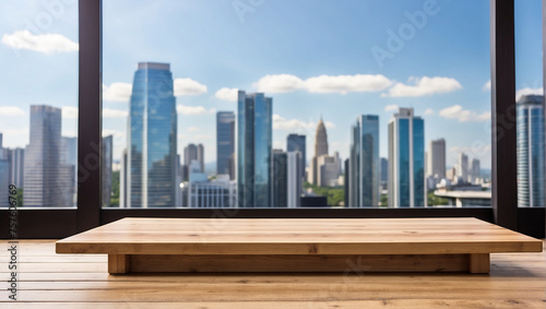 Empty wooden table for product display with office building background