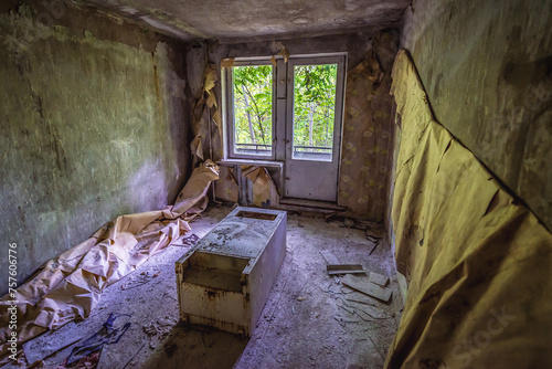 Room in residential building in abandoned military base in Chernobyl Exclusion Zone, Ukraine