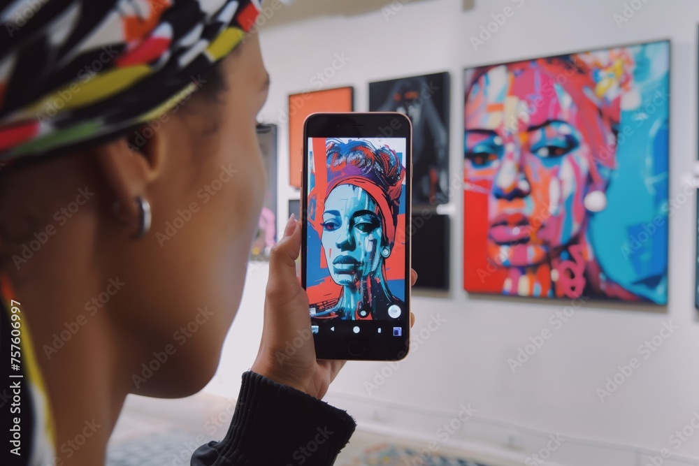 Fototapeta premium Utilizing smartphone technology to capture vibrant contemporary artwork in a modern gallery exhibition