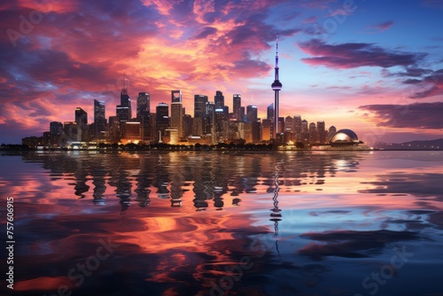 City skyline reflects in water at sunset, creating a stunning natural landscape