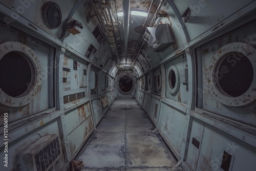Eerie shot of a derelict spaceship interior reminiscent of vintage science fiction movies