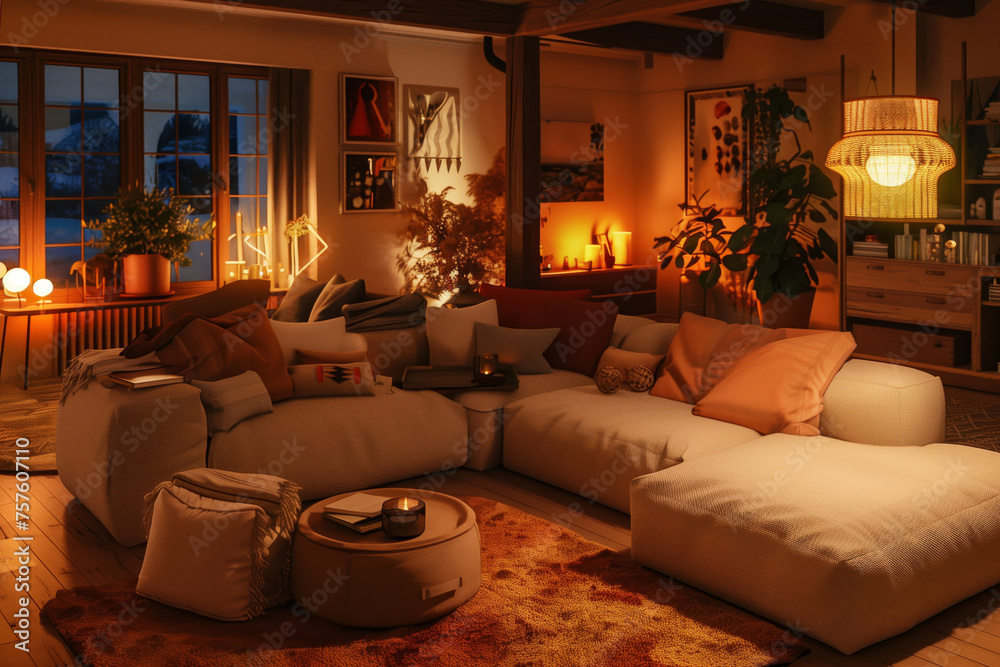Warm lighting fills a stylish living room interior during twilight Warm lighting fills a stylish living room interior during twilight
