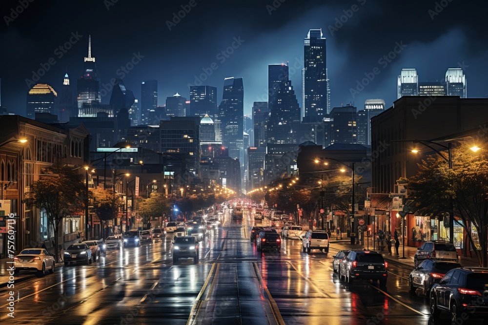 Midnight rain on city road, skyscrapers silhouette against city skyline