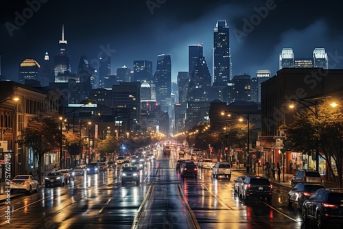 Midnight rain on city road, skyscrapers silhouette against city skyline © Yuchen