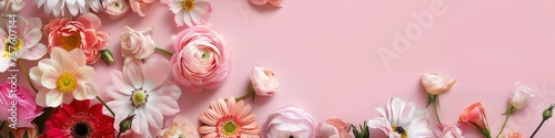 Beautiful flowers composition. Colorful flowers on pink background. Flat lay  top view  copy space