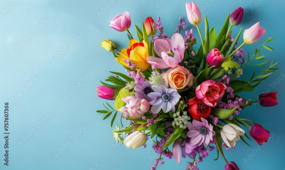 Beautiful bouquet of colorful spring flowers on blue background. Flat lay, top view.