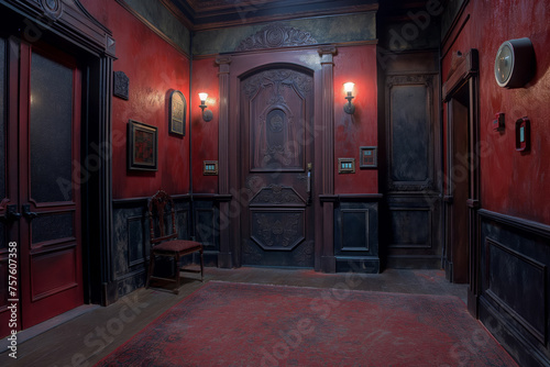 Exploring the atmospheric and mysterious vintage mansion hallway with ornate antique interior and dimly lit classic design, featuring dark woodwork, elegant decor, red walls, and spooky ambiance