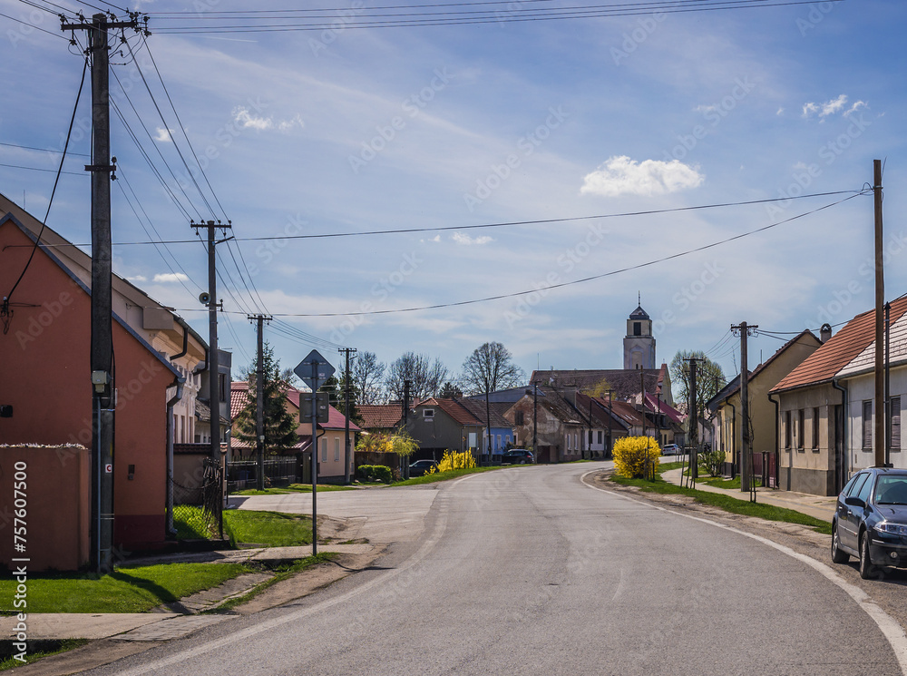 Zahorska Ves, Slovakia - April 14, 2018: Street in Zahorska Ves village