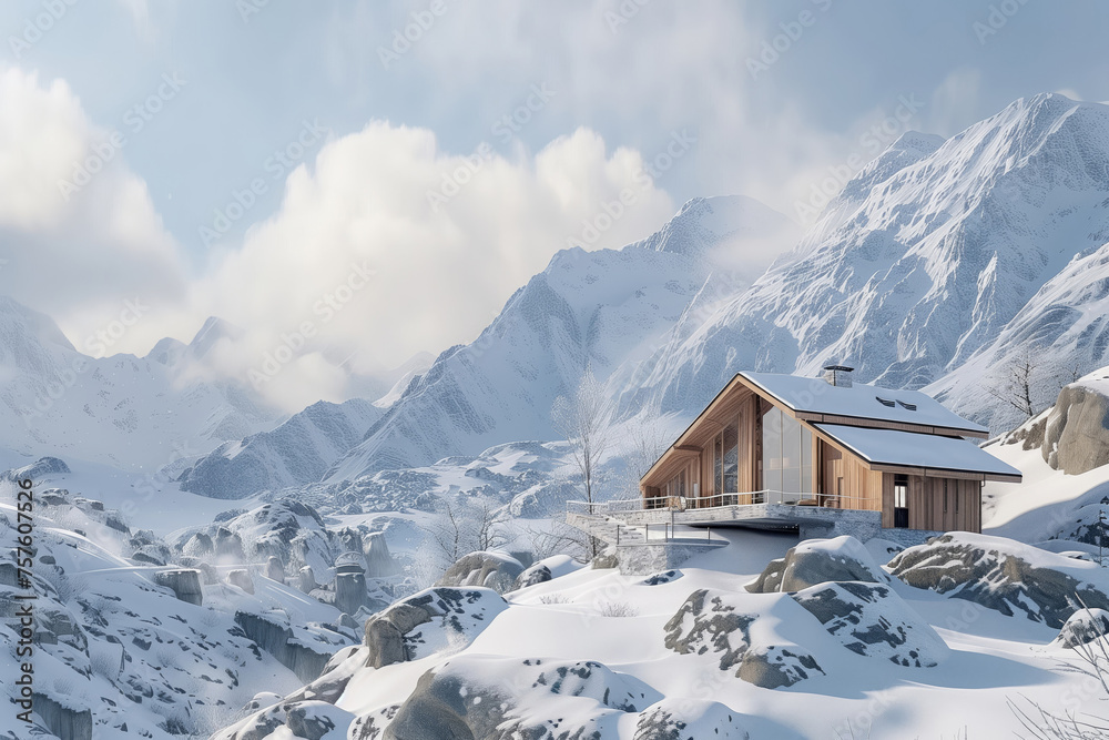 Serene winter scene of a cozy cabin enveloped by snow-covered mountains