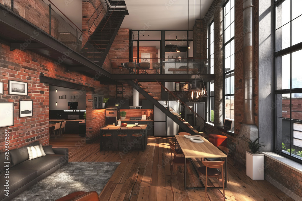 Spacious and stylish loft featuring exposed brick, wood floors, and an open-plan layout with modern furniture