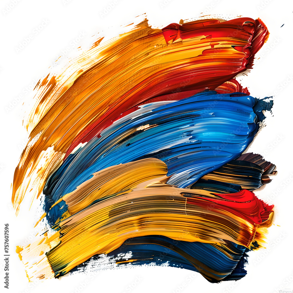 thick red, blue, yellow, and orange, acrylic oil paint brush stroke on a white background