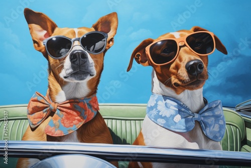 dogs with sunglasses on a vintage convertible car, travelling on vacation