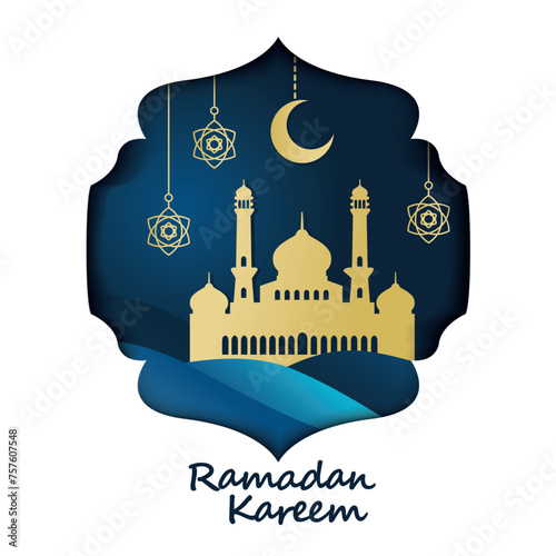 Ramadan Kareem Illustration with arabic gold origami mosque ,crescent moon decoration