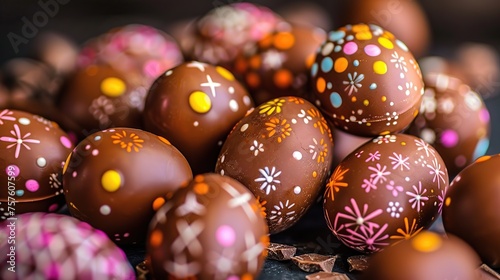 Chocolate Easter eggs on rustic wooden background, close-up