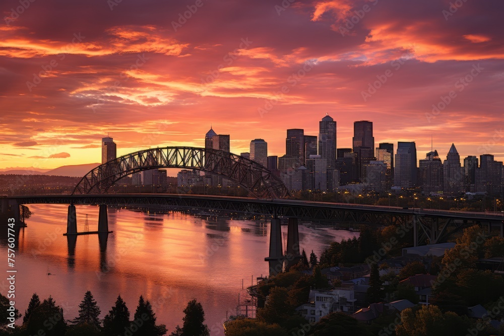 a city skyline with a bridge over a river at sunset