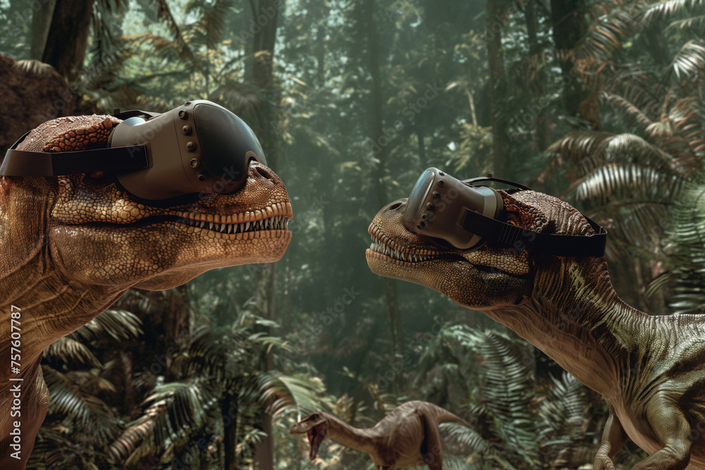 Two CGI dinosaurs wearing VR headsets amidst a lush, prehistoric jungle Two CGI dinosaurs wearing VR headsets amidst a lush, prehistoric jungle