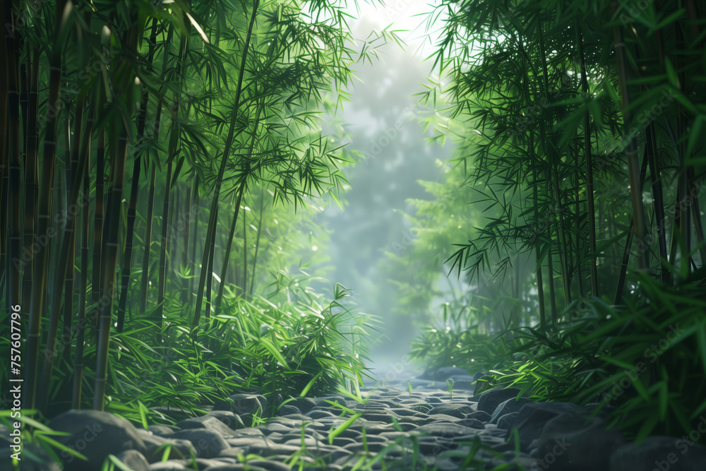 Fototapeta premium Tranquil misty bamboo forest pathway in the serene and lush natural landscape. Perfect for morning meditation and outdoor Zen experience