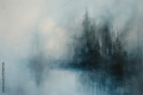 Ethereal abstract art capturing the essence of a misty morning blending soft greys and blues 