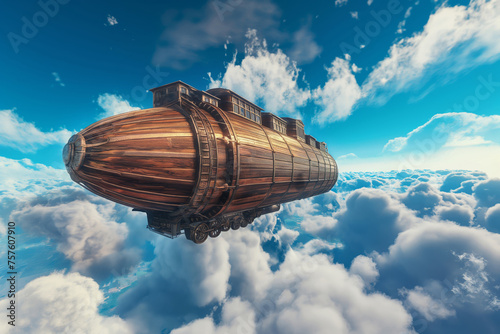Intricate wooden airship cruises through a vibrant sky amid fluffy clouds, invoking a sense of adventure and fantasy