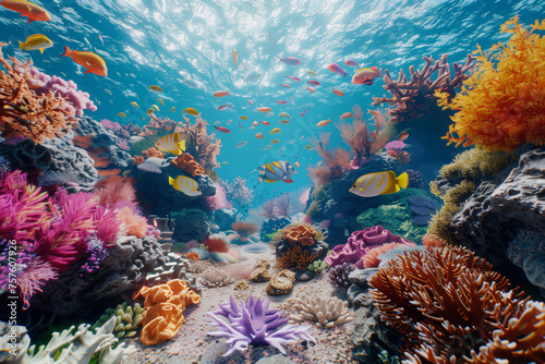 Exploring the vibrant and diverse underwater coral reef ecosystem in the tropical marine life of the ocean. Showcasing the colorful aquatic scenery. Biodiversity. And habitat for various fish