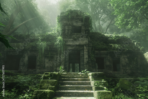 Enigmatic ancient ruins shrouded by mist amidst dense jungle vegetation