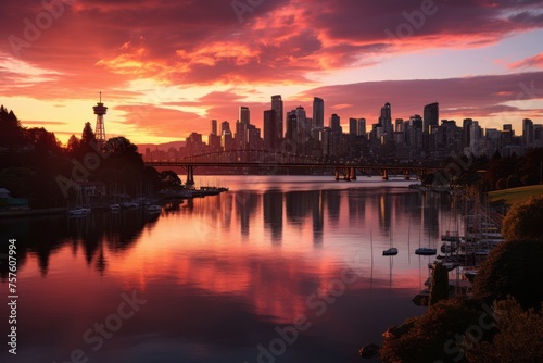 City skyline reflected in water at sunset, creating a stunning natural landscape