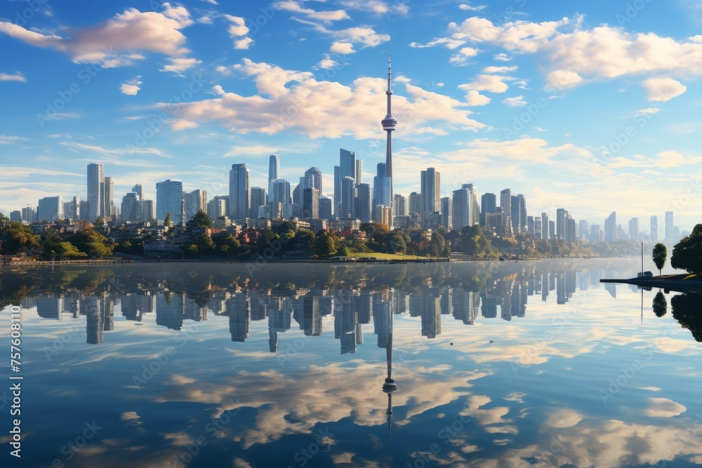 Toronto skyline reflected in the water, creating a stunning cityscape