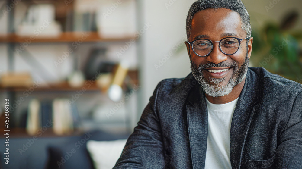 Obraz premium Smiling man in thirties at office desk, engaging directly with camera, professional and approachable.