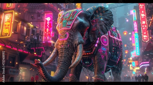 Avant-garde Elephants Futuristic Stroll Through a Neon-Lit Cityscape